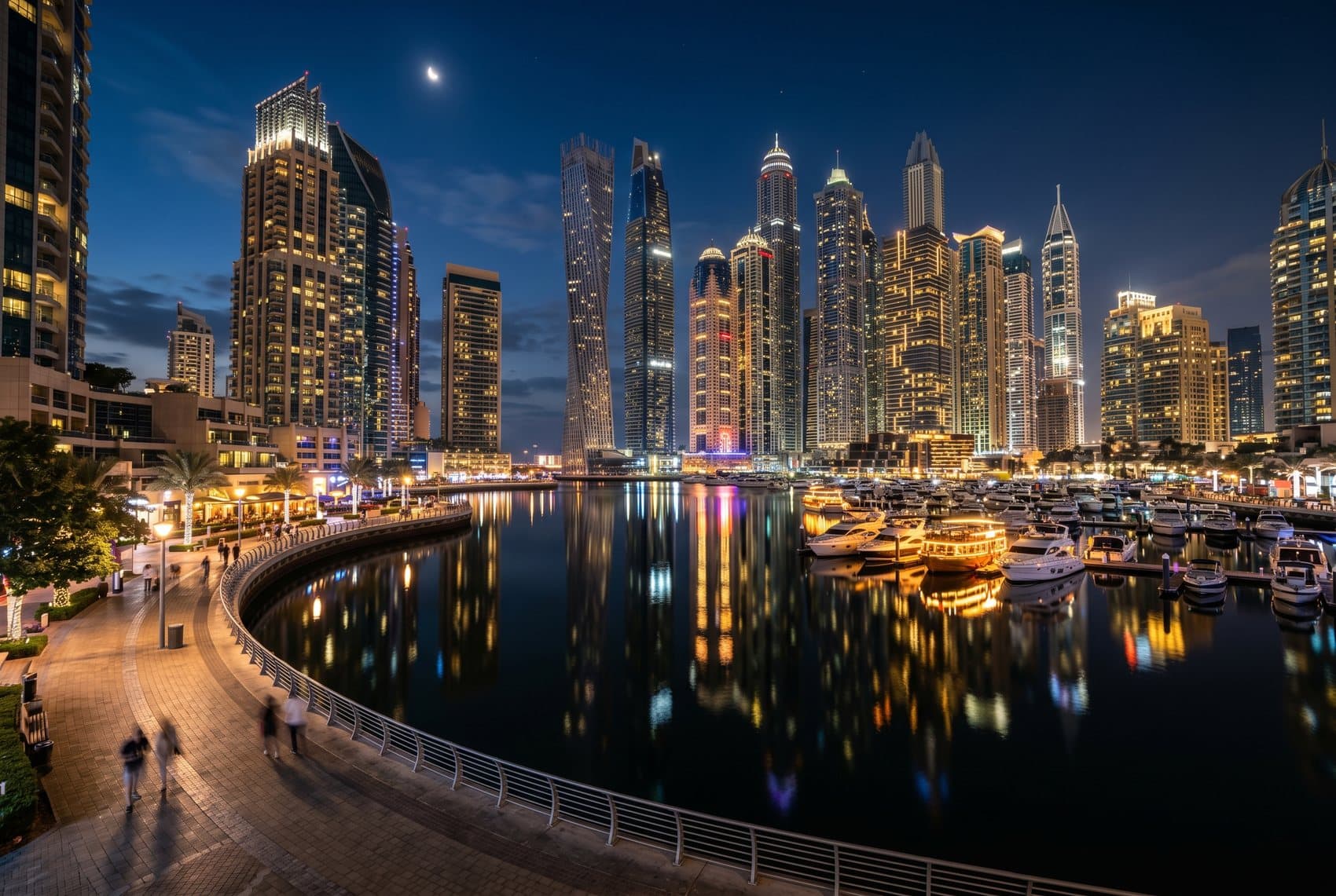 Illuminated tower facade in Dubai at night