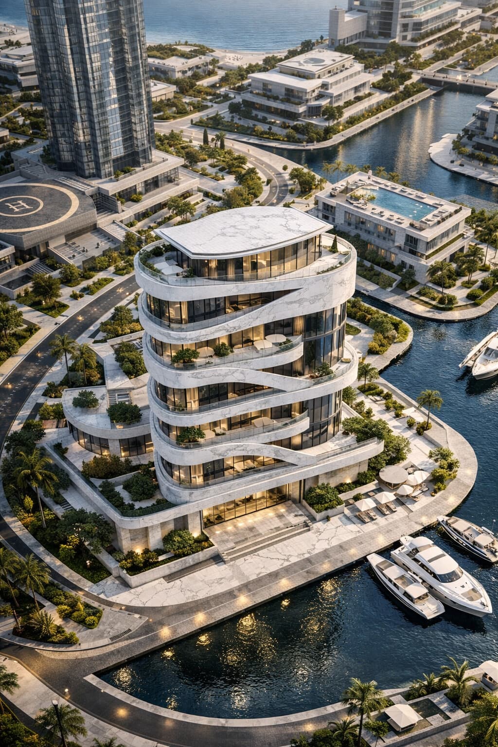 Luxury waterfront residences in Dubai at sunset